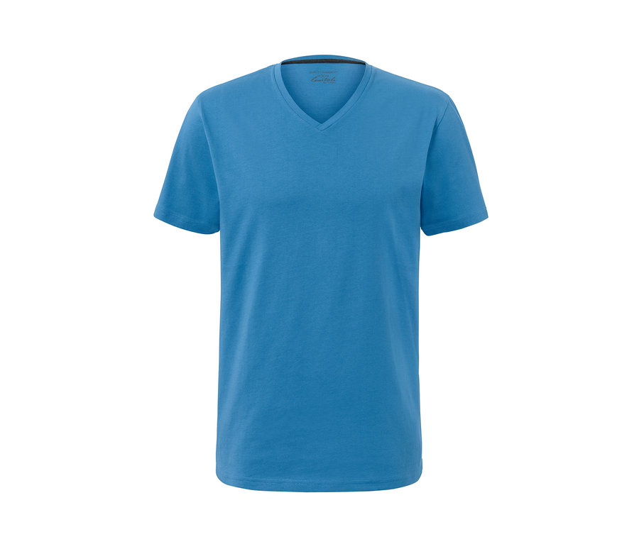 Blaues Kurzarm-T-Shirt.