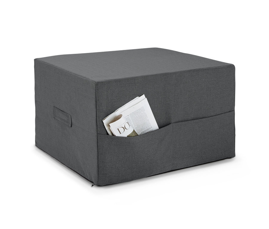 Graue Doppel-Gästematratze mit Tasche und Zeitung.