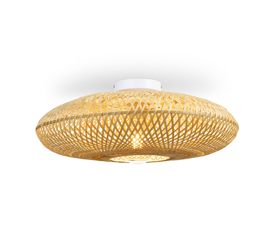 Detailaufnahme einer Decken- und Wandleuchte mit Geflechtschirm.