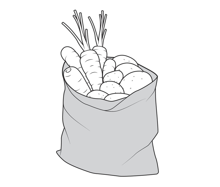 Skizze einer vollen Stofftasche mit Karotten und Kartoffeln. Bienenwachs-Brotbeutel ist enthalten.