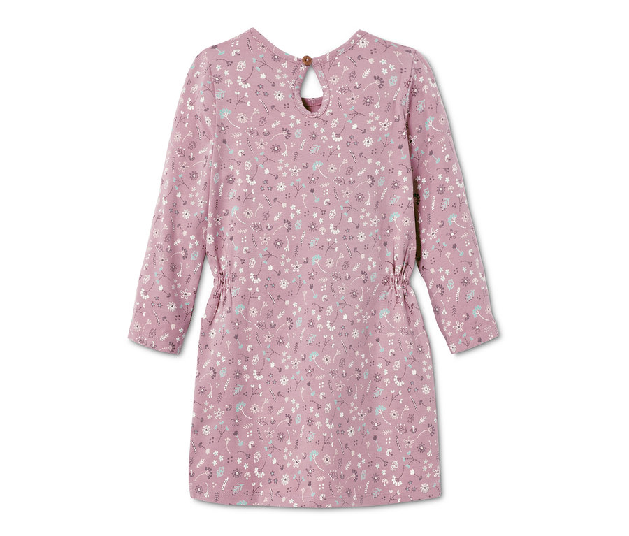 Beerenfarbenes Jerseykleid mit Blumenmuster.