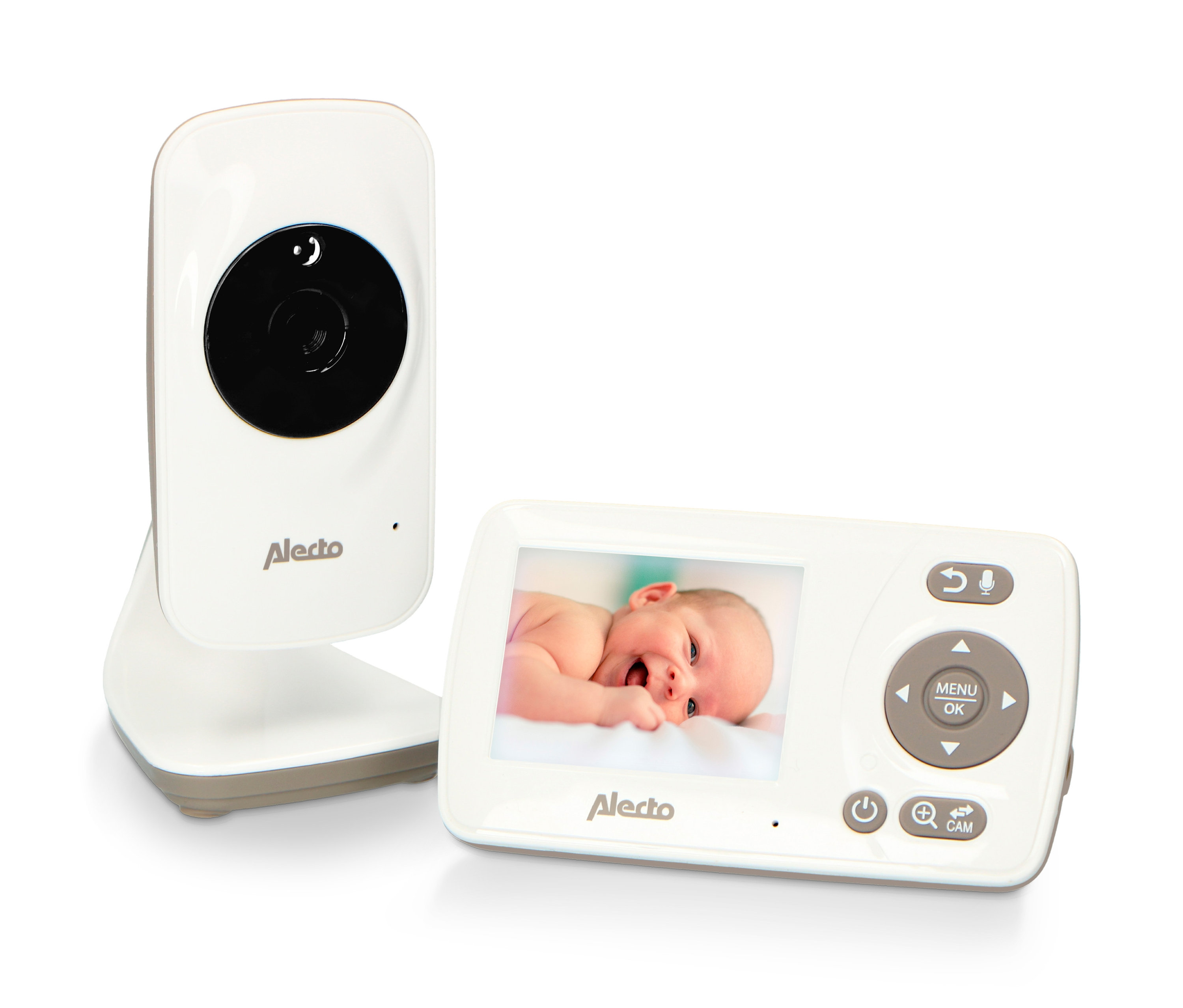 Alecto-Video-Babyphone »DVM-71« bestehend aus einer Kamera und einem Bildschirm, der ein Baby zeigt.