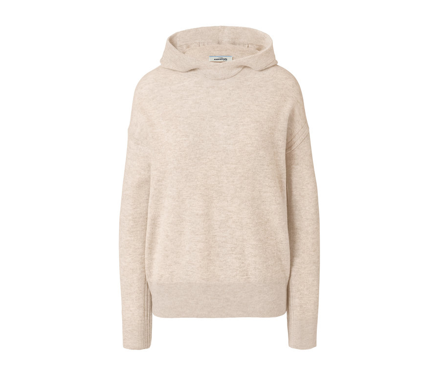 Beiger Feinstrickpullover mit Kapuze.