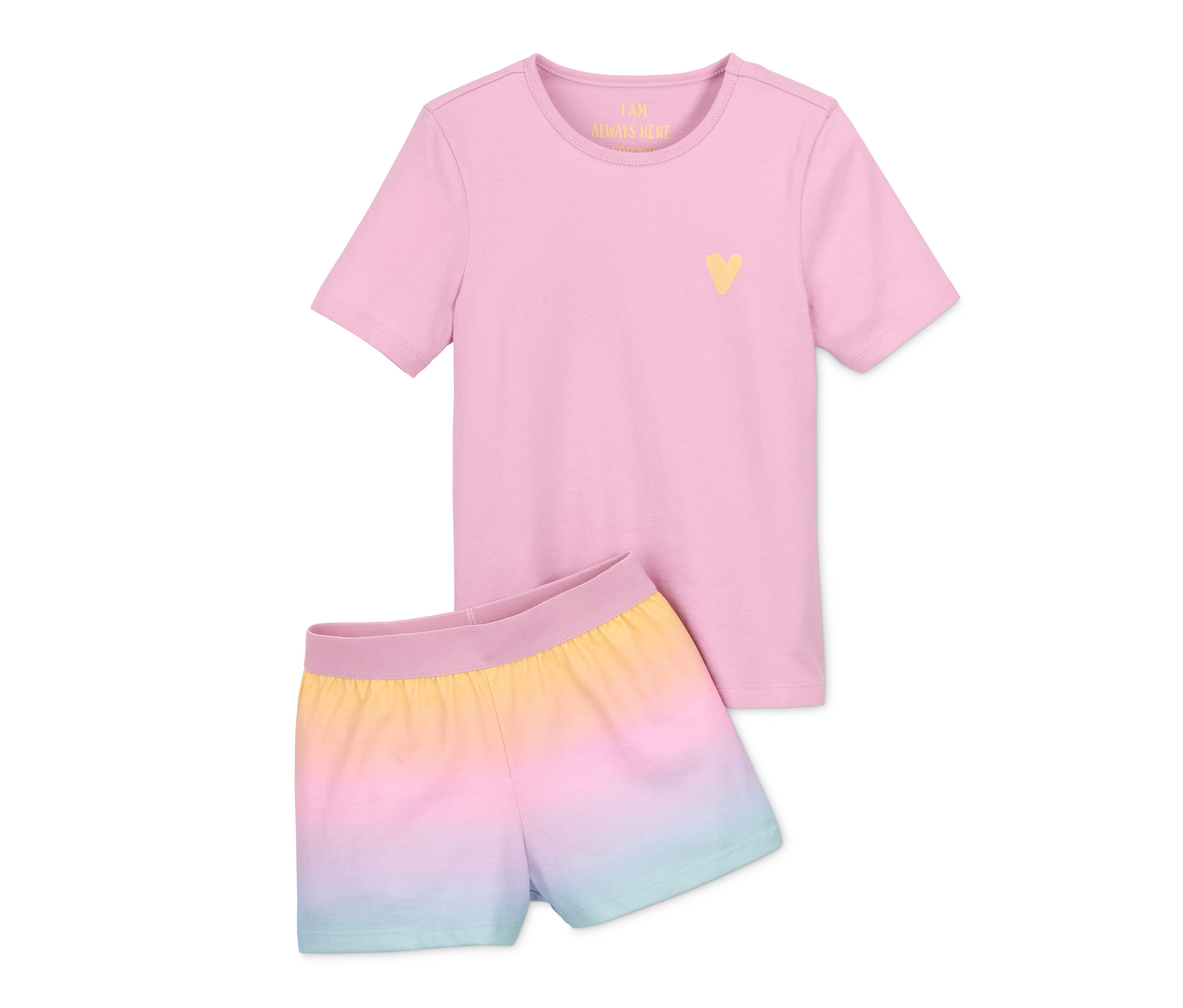 Rosa Shorty-Pyjama aus Bio-Baumwolle mit Regenbogen-Shorts.