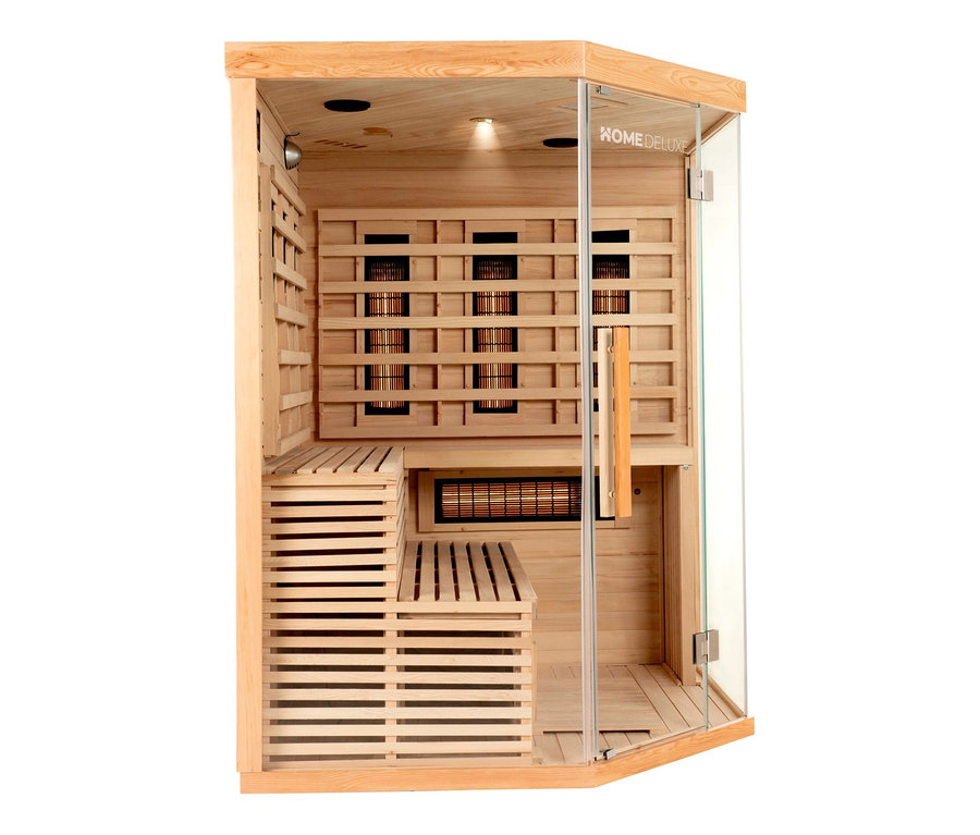 Innenansicht der Home Deluxe Infrarotkabine »SAHARA XXL« mit Holzverkleidung, Bänken und Glastür.