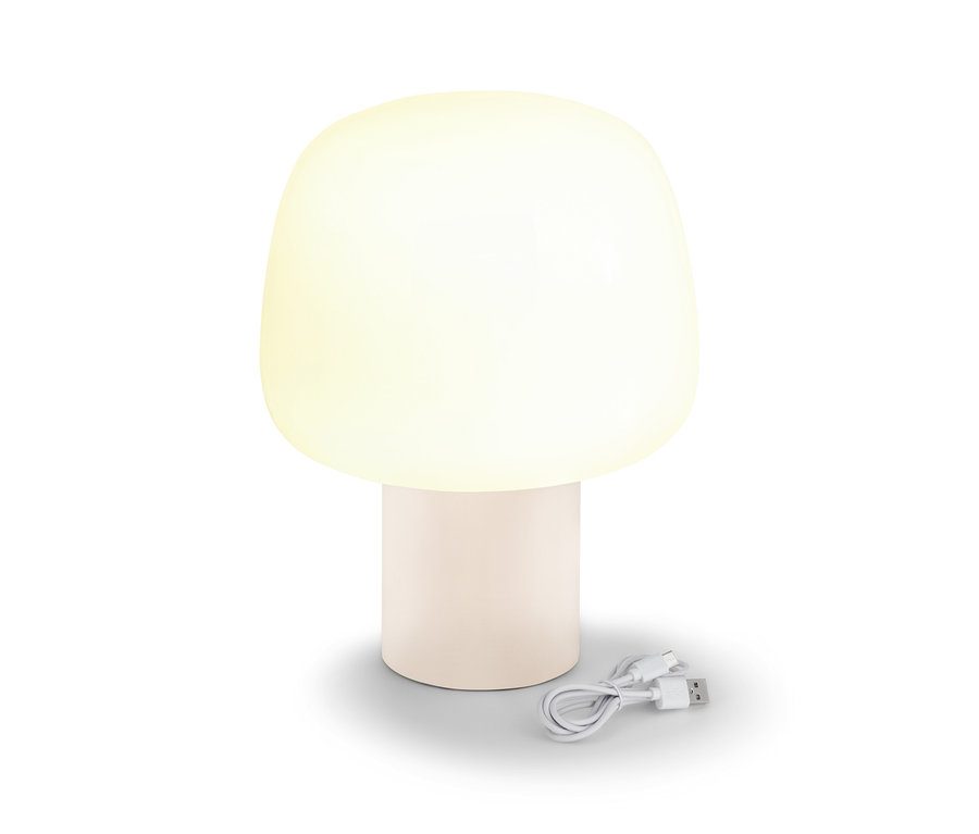 Eine weiße LED-Akku-Tischleuchte mit Ladekabel.