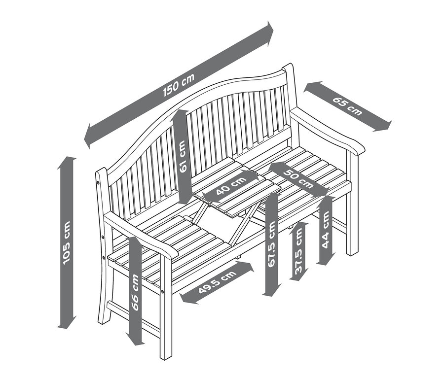 Abbildung einer Bank »Leira« mit hochklappbarem Tabletttisch und Abmessungen.