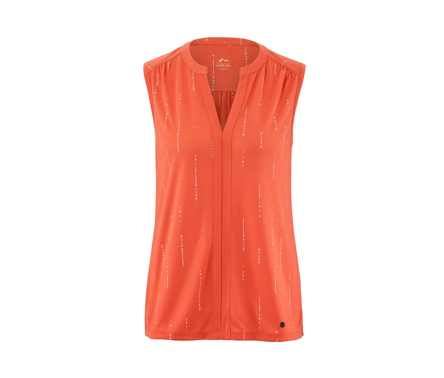 Orangefarbenes Funktionstop mit weißem Aufdruck.