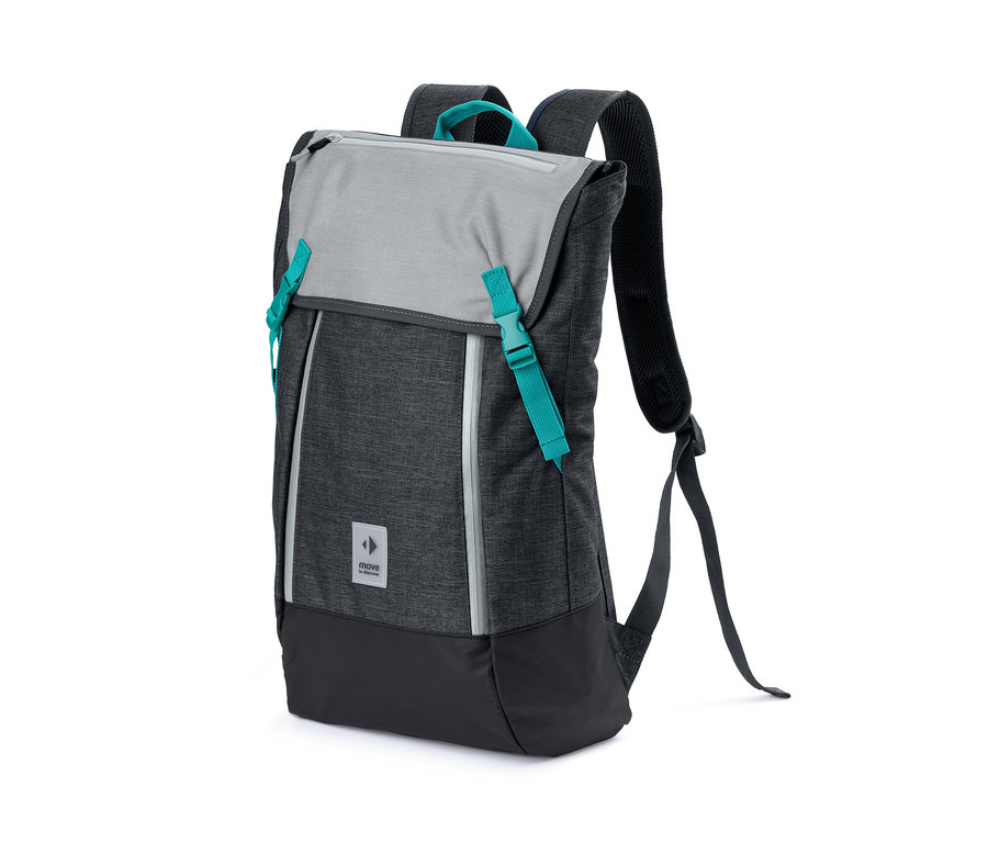 Ein grau-schwarzer Outdoor-Rucksack mit türkisfarbenen Akzenten.
