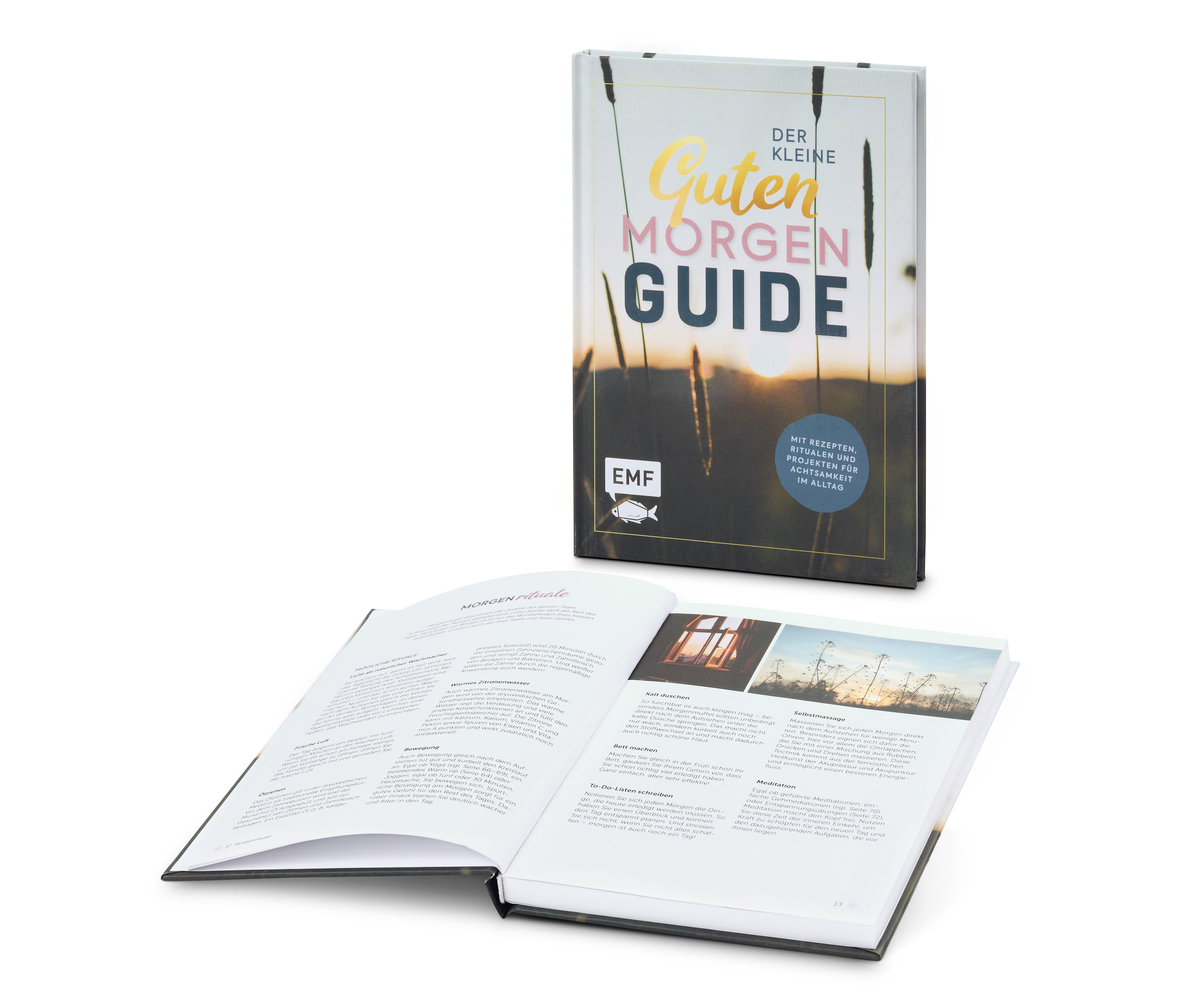 Zwei Exemplare des Buchs »Der kleine Guten Morgen Guide«, eines geschlossen und eines geöffnet.