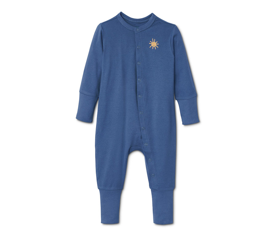 Blauer Schlafanzug aus Bio-Baumwolle mit langen Ärmeln und Sonnenaufdruck.