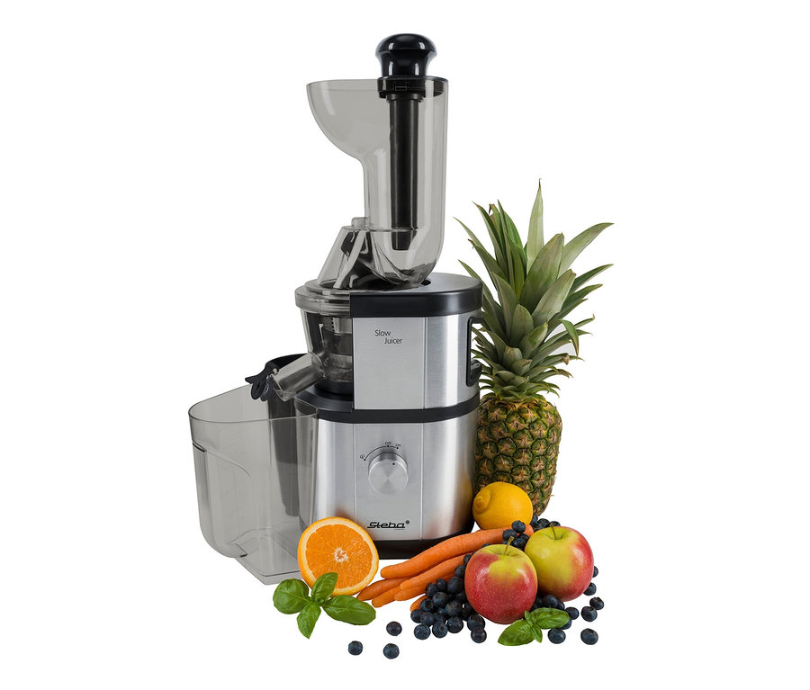 Ein silberner Steba Slow-Juicer »E 400« ist von Obst und Gemüse umgeben.
