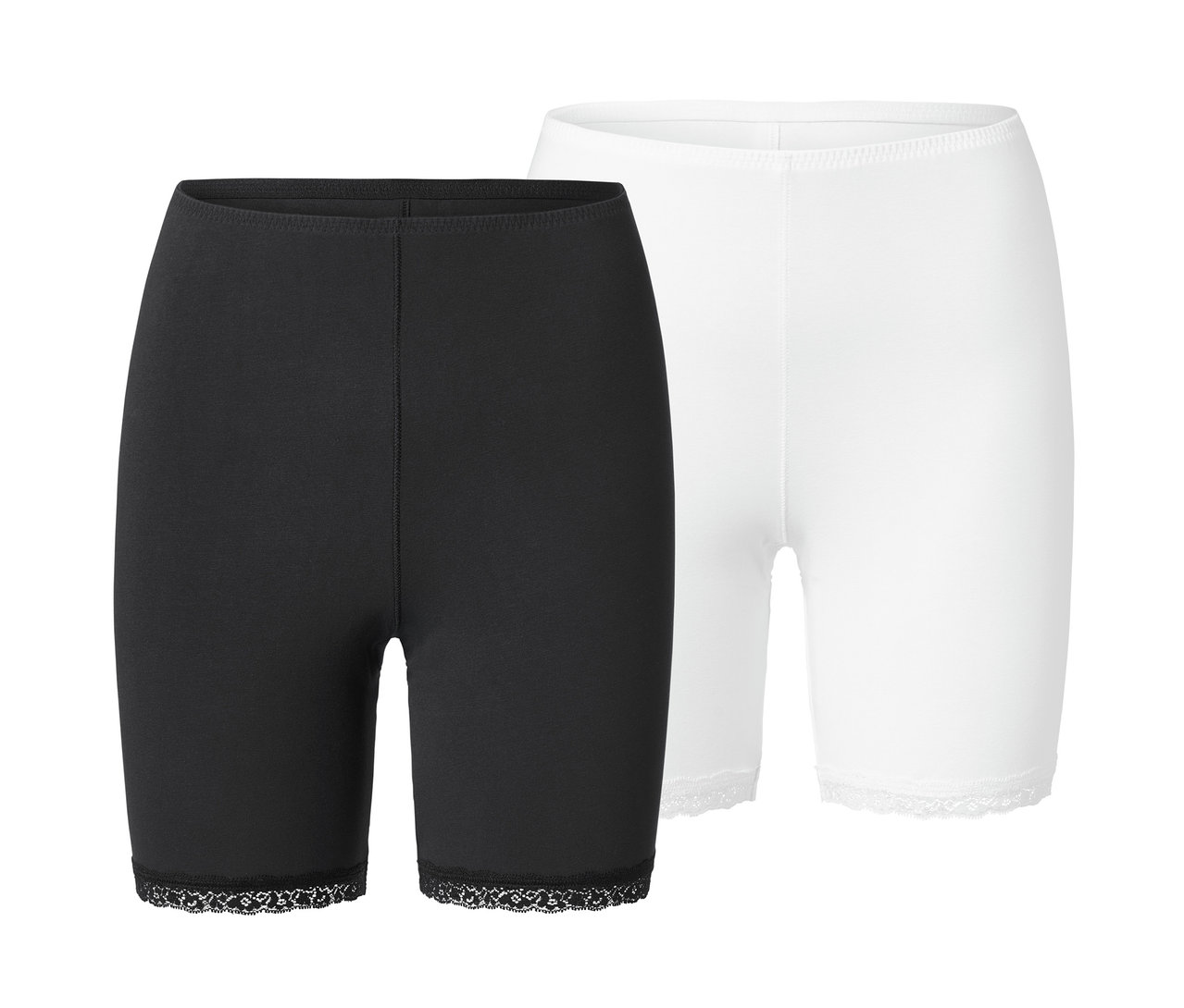 Eine schwarze und eine weiße Radler-Shorts, 2er-Pack, jeweils mit Spitze am Saum.