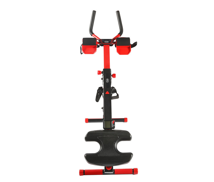 Frontansicht des Body Coach 3-in-1-Fitnessgeräts »AB'N ROWER« mit roten Akzenten auf einem schwarzen Rahmen.