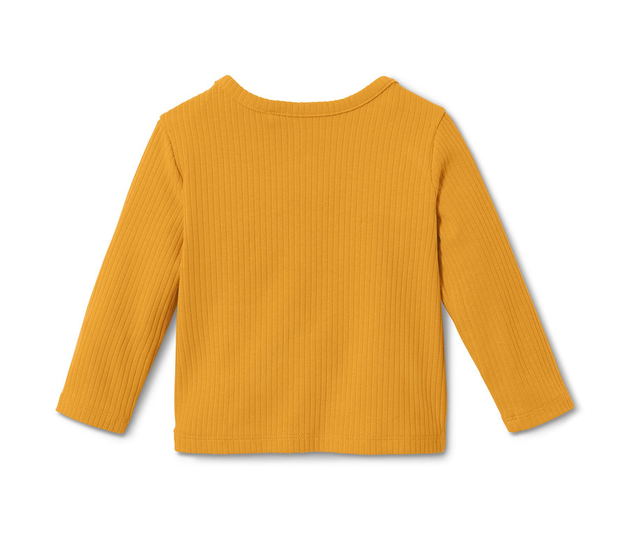 Nahaufnahme eines gelben Baby-Rippshirts aus einem 2er-Set.