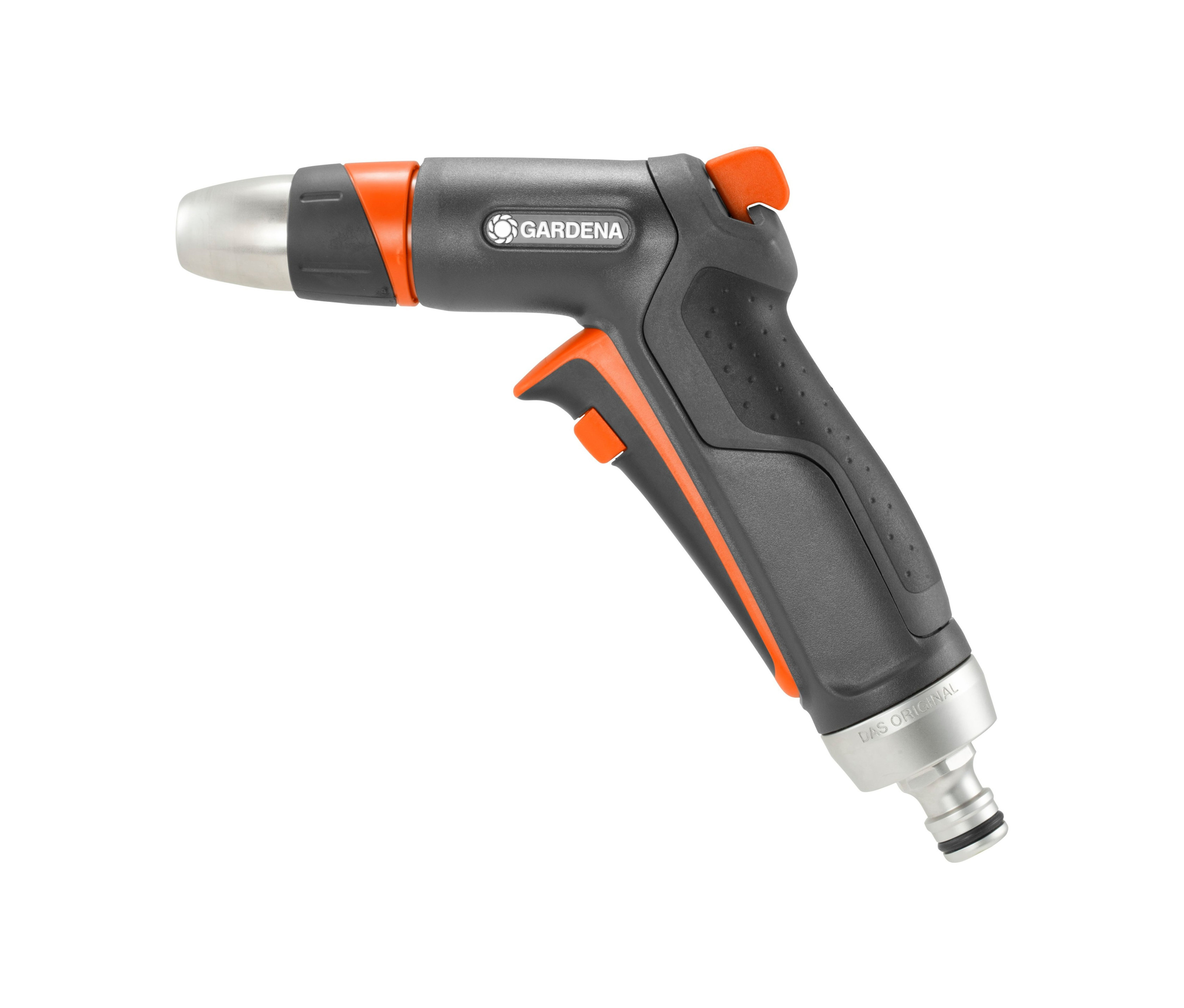 Nahaufnahme einer GARDENA Premium »Reinigungsspritze« mit grau-orangem Griff.