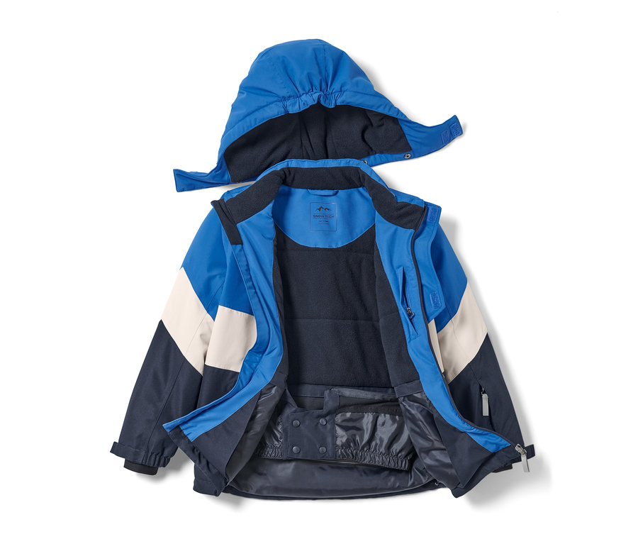 Geöffnete Skijacke in Blau, Beige und Dunkelblau mit Kapuze.