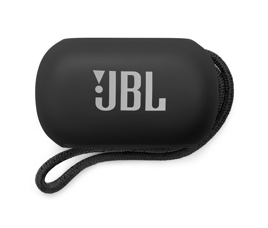 Schwarzes Etui für JBL Reflect Flow Pro+ TWS Kopfhörer mit Kordel.