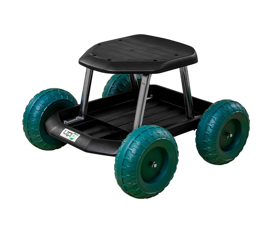 Ein grüner Rollsitz-Gartenwagen mit schwarzem Sitz.