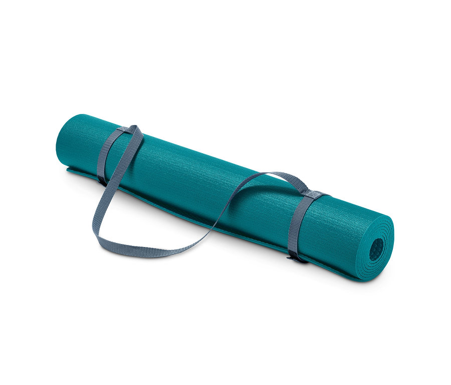 Eine zusammengerollte Yoga-und-Fitnessmatte.