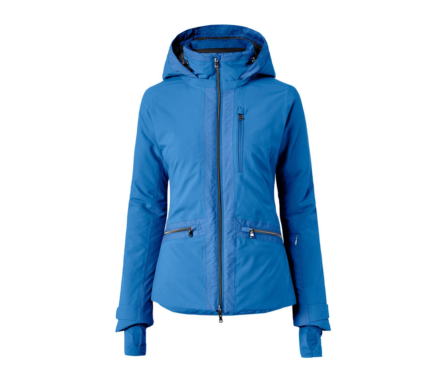 Blaue Softshell-Skijacke mit Kapuze und Reißverschluss.