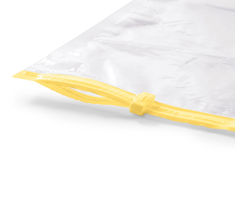 Detailansicht des Verschlussmechanismus eines Vakuum-Aufbewahrungsbeutels.