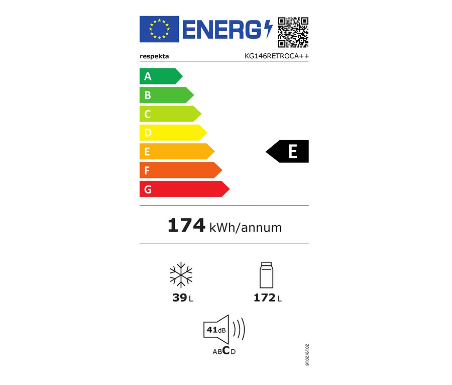Energielabel für den Respekta KG146RetroCA++ Kühlschrank mit der Energieeffizienzklasse E und einem jährlichen Verbrauch von 174 kWh.