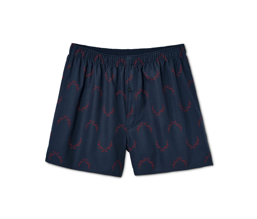 Eine blaue Flanell-Boxershorts mit rotem Alloverprint.