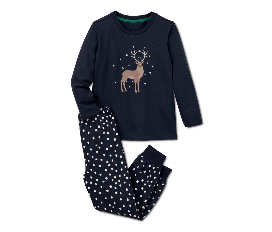 Dunkelblauer Glow-in-the-dark-Pyjama mit Bio-Baumwolle, mit Hirsch- und Punktmuster.