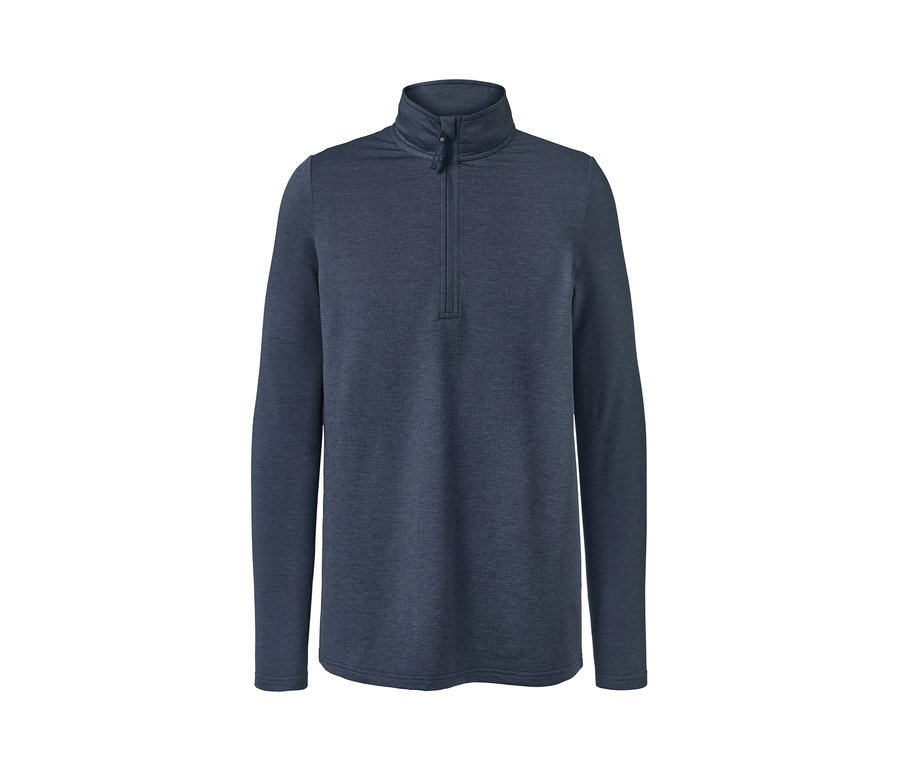 Dunkelblaues Thermoshirt mit langen Ärmeln und kurzem Reißverschluss.