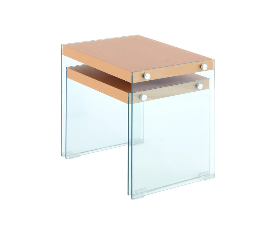 Zwei goldfarbene Kayoom Beistelltisch-2er-Set »Elementary 225« mit transparenten Beinen, einer unter dem anderen platziert.