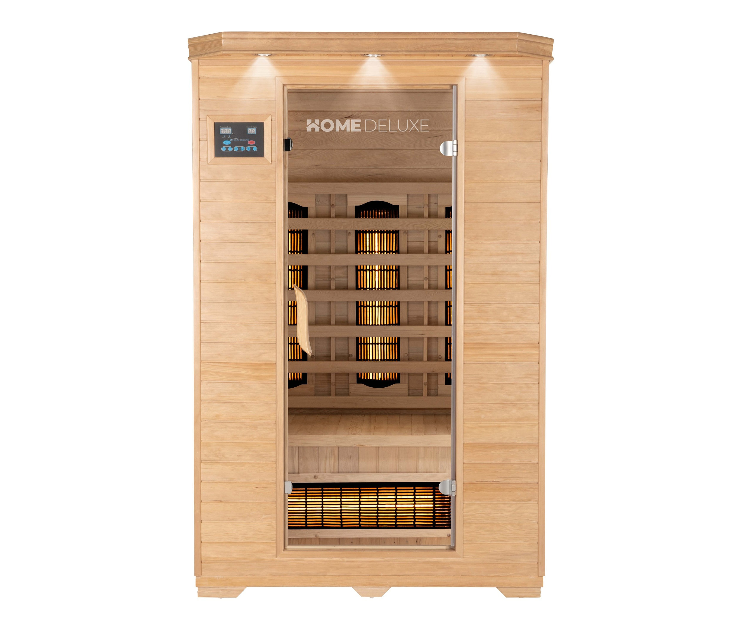 Ansicht der Home-Deluxe-Infrarotkabine »REDSUN M« mit offener Glastür.
