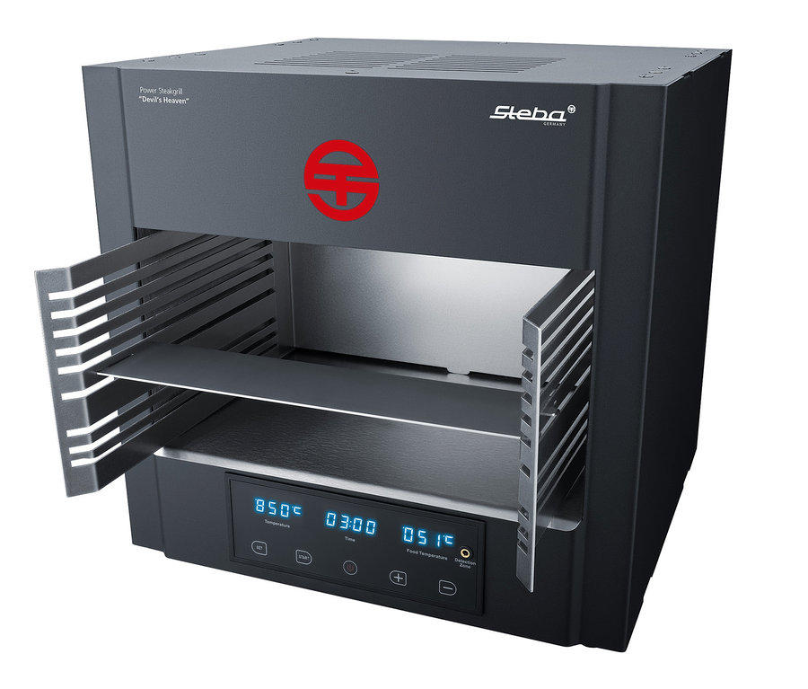 Schwarzer Steba-Power-Steakgrill »PS E2600 XL DEVIL« mit geöffneten Türen.