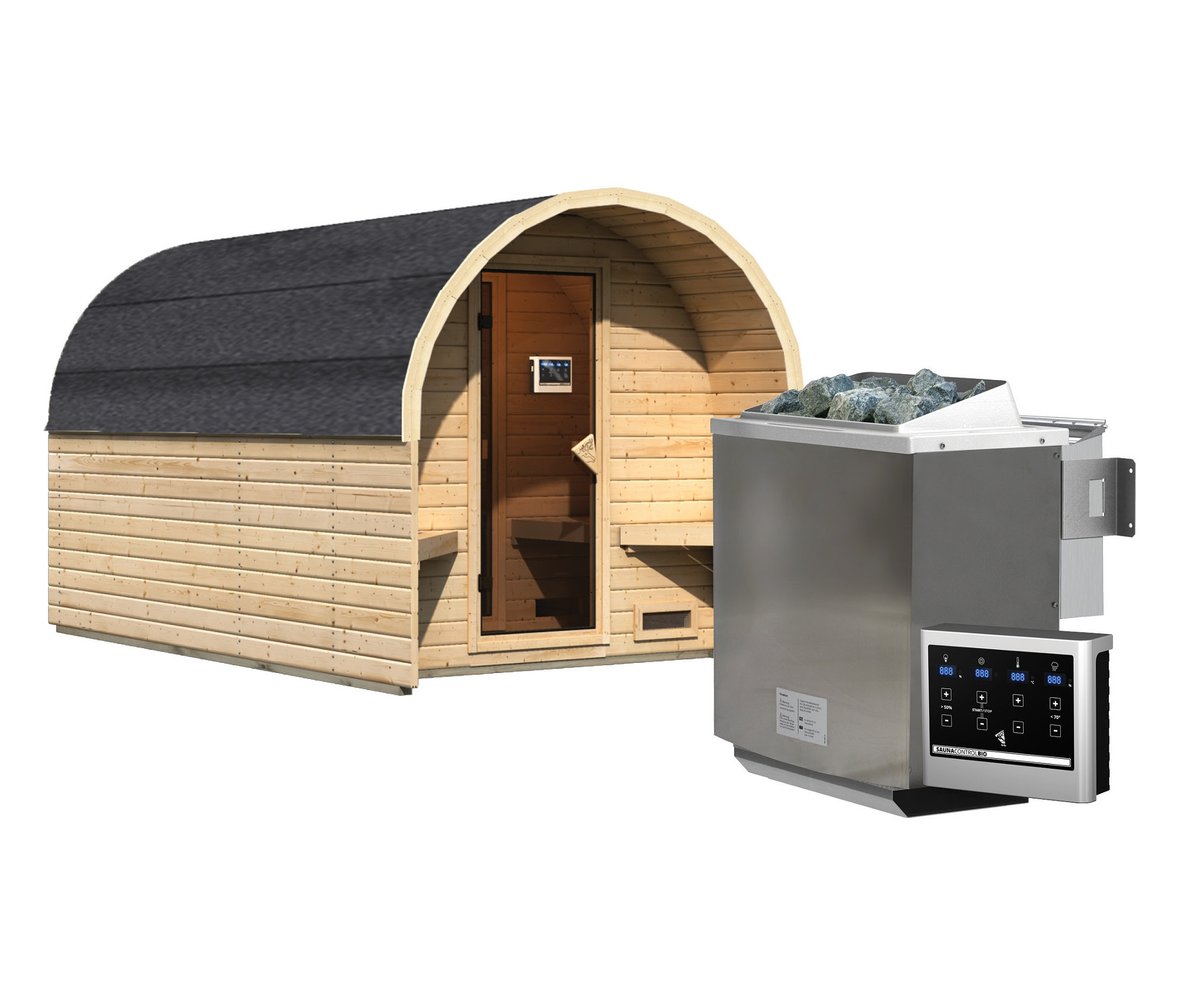 Karibu Fasshaus »Utgard«, naturfarben, inkl. 9 kW-Bio-Ofen mit externer Steuerung.