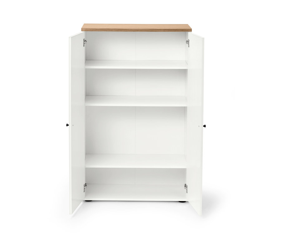 Offener, halbhoher, weißer Schrank Bekeson mit hölzerner Tischplatte und drei Einlegeböden.