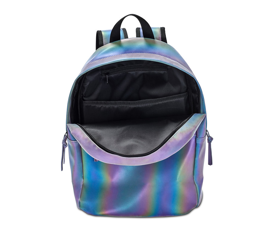 Geöffneter reflektierender Rucksack mit schillernder Oberfläche und schwarzen Trägern.