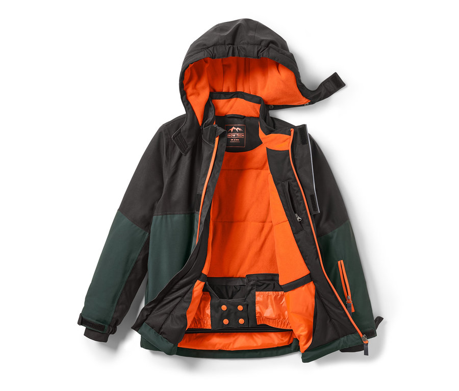 Geöffnete Kinder-Skijacke in Schwarz und Grün mit orangefarbener Innenseite.