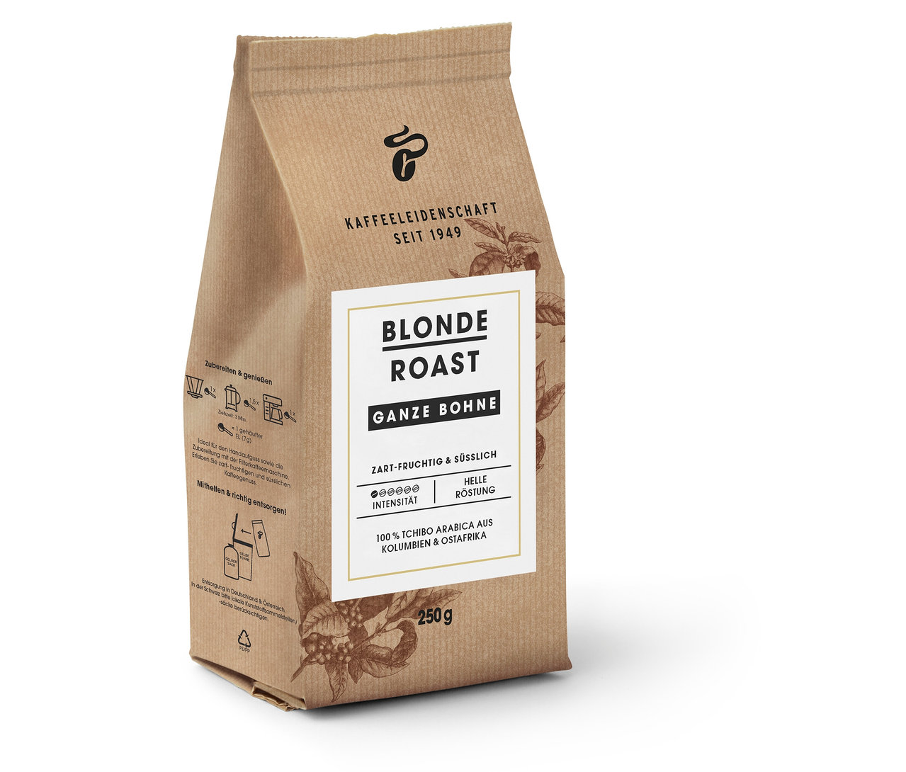 Eine Packung Blonde Roast - 250 g Ganze Bohne Kaffee steht auf einer weißen Oberfläche.