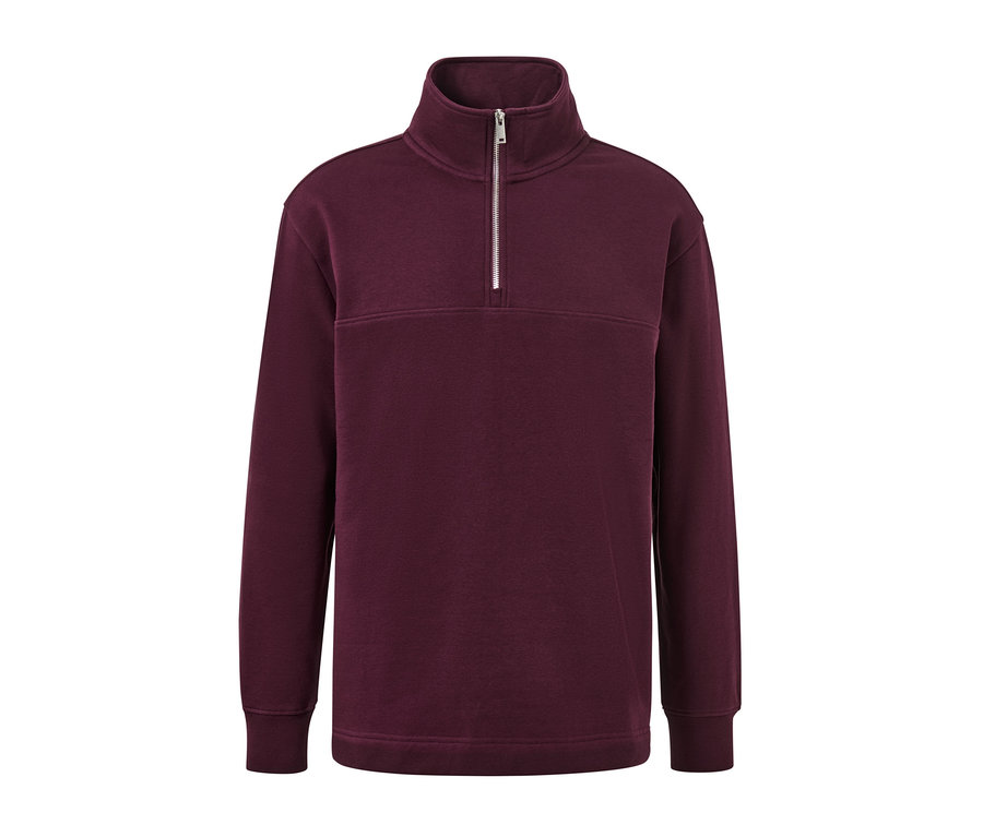 Ein burgunderroter Sweat-Troyer mit langen Ärmeln und silbernem Reißverschluss.