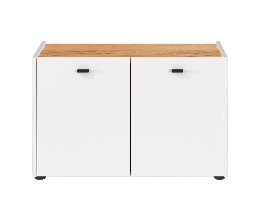 Weißer Schrank mit Holzplatte und zwei Türen, Modell Schuhbank »Lucena«.