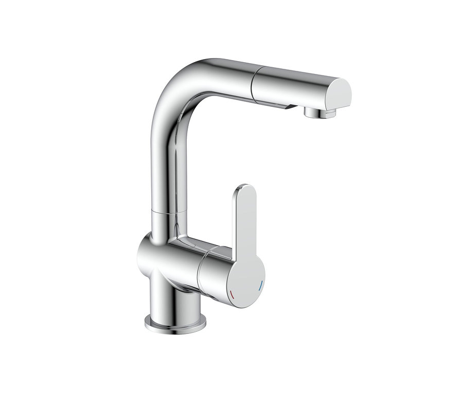 Eine einzelne, glänzende SCHÜTTE Waschtischarmatur »London« vor einem weißen Hintergrund.