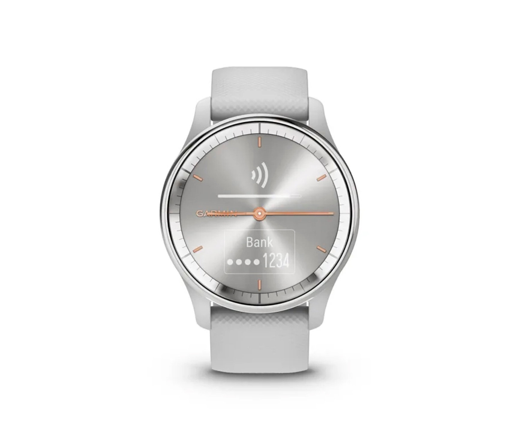 Nahaufnahme einer hellgrauen GARMIN vivomove Trend Smartwatch mit weißem Armband.