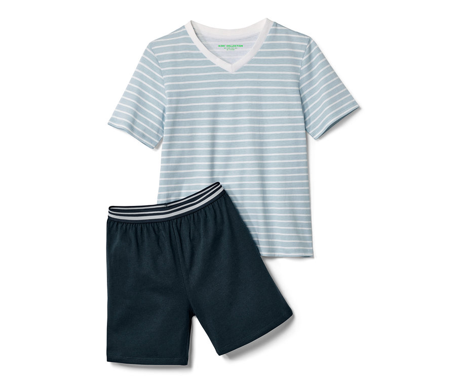 Kinder-Pyjama, kurz, mit blau-weiß gestreiftem T-Shirt und dunkelblauen Shorts.
