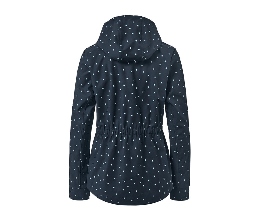 Eine marineblaue Softshelljacke mit weißen Punkten.