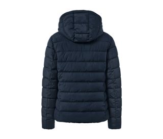 Dunkelblaue Steppjacke mit Kapuze von hinten.