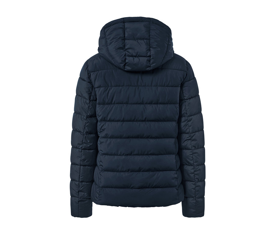 Dunkelblaue Steppjacke mit Kapuze von hinten.