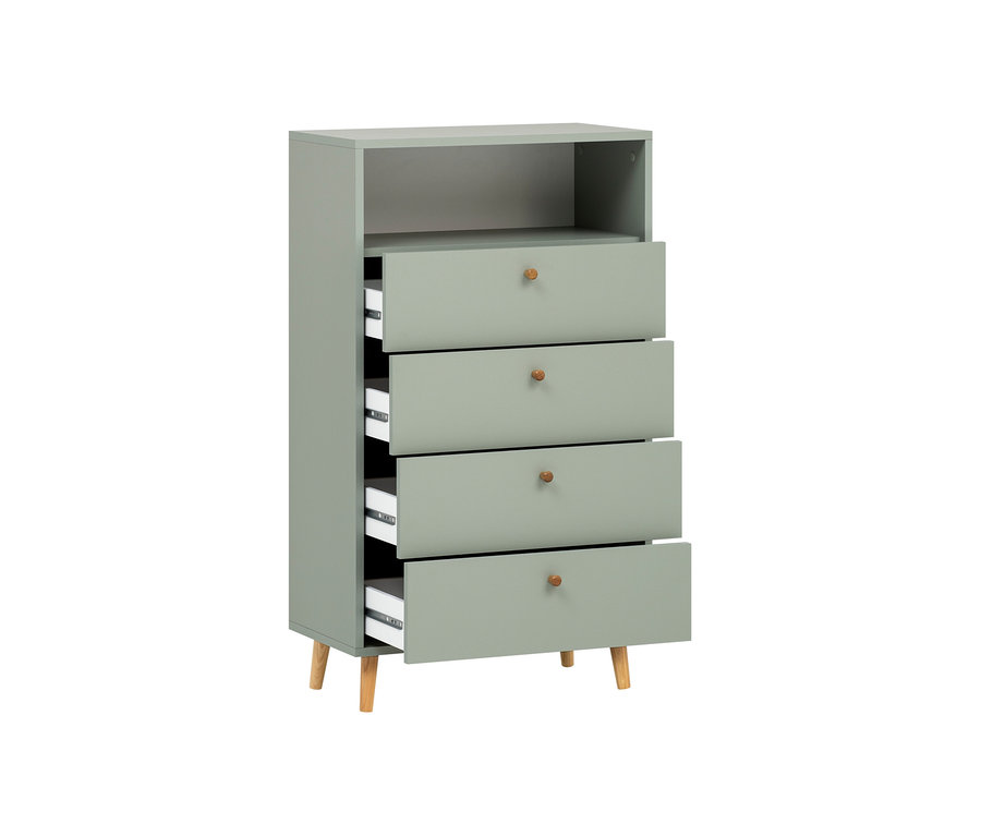 Kommode »Bjarne« in Pistazie mit vier Schubladen, von denen eine geöffnet ist.