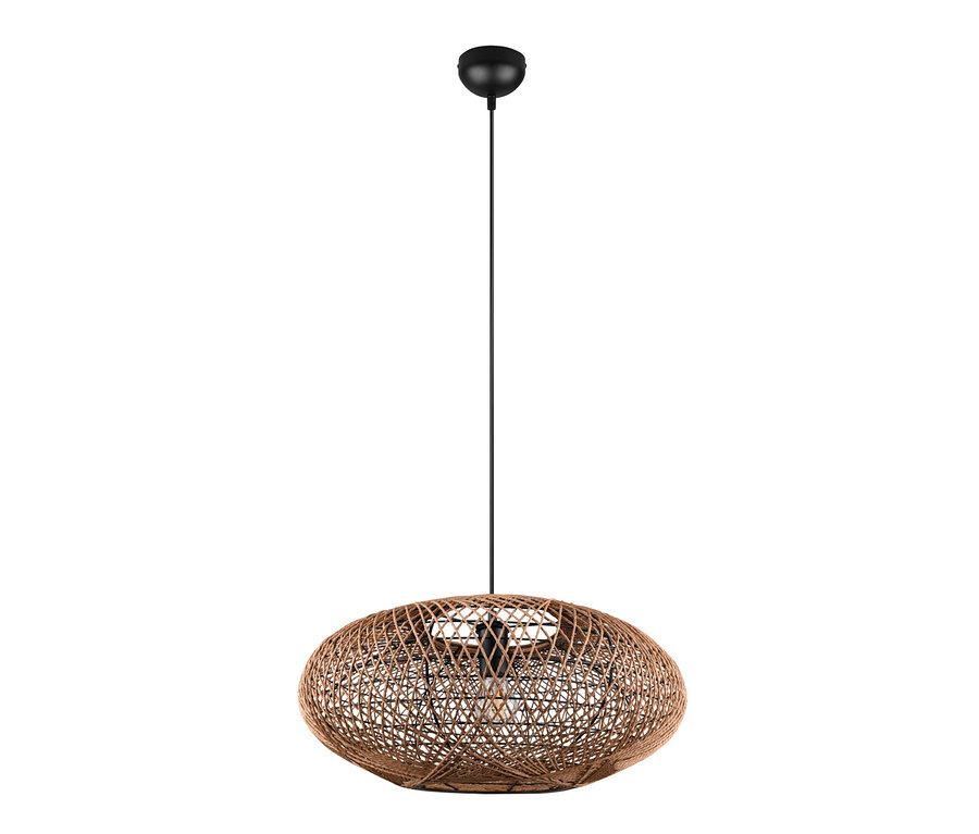 Eine braune geflochtene Lampe "Hedda" hängt an einem schwarzen Kabel.