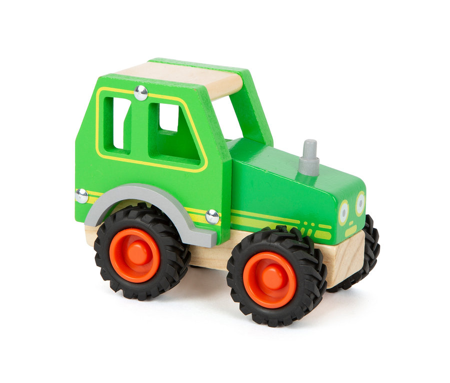 Grüner Holz-Traktor mit orangefarbenen Rädern aus dem small foot Fahrzeuge-Set.
