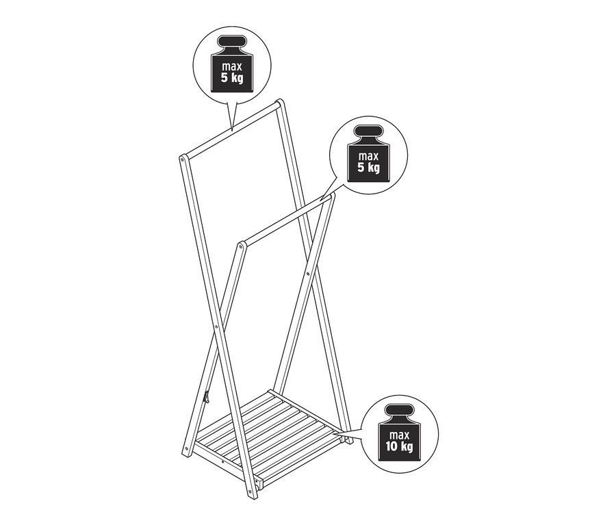 Umriss eines hölzernen Kleiderständers mit einer maximalen Traglast von 5 kg oben und 10 kg unten.